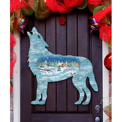 Designocracy Wolf Scenic Woodsy Winter Cabin Wooden Decorative Door Hanger In Multicolor