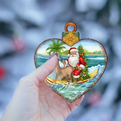 Designocracy Wooden Christmas Ornaments - Surfing Santa Heart Wooden Ornaments By G.debrekht In Blue;green;red
