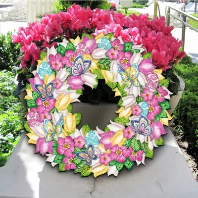 Designocracy Wreath Flower And Butterflies Decorative Door Hanger Wall Decor In Green;yellow;pink