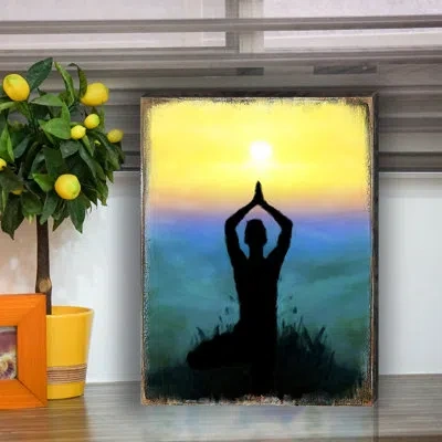 Designocracy Yoga Handcrafted Art Wall Block | Nature Wonders In Blue;black;yellow