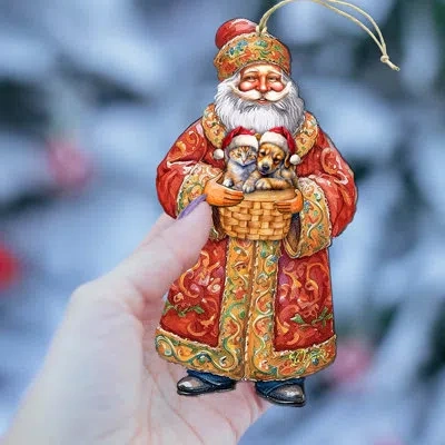 Designocracy Yuletide Pets With Santa Wooden Ornaments By G. Debrekht In Multicolor