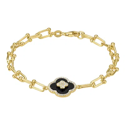Designs By Gioelli 14k Gold Over Sterling Silver Onyx, Cubic Zirconia Clover Bracelet