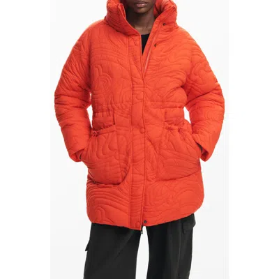 Desigual Aarhus Embroidered Quilted Coat With Removable Hood In Orange