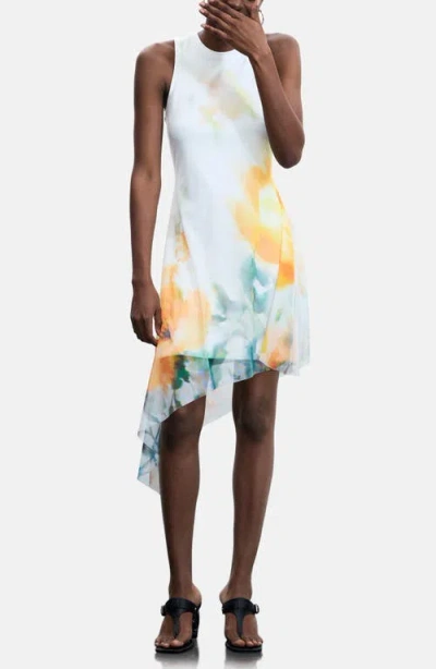 Desigual Abstract Floral Asymmetric Hem Dress In White