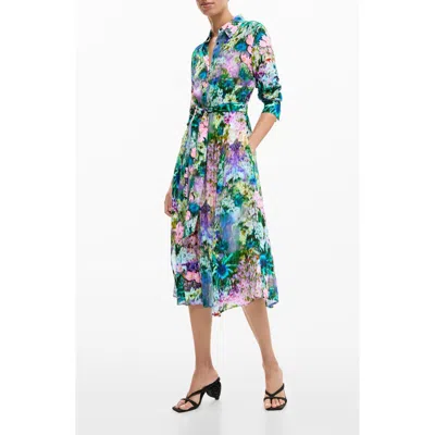 Desigual Abstract Floral Print Long Sleeve Shirtdress In Multi