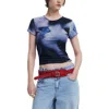 Desigual Abstract Floral Rib Top In Ink Blue