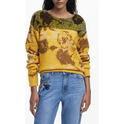 Desigual Abstract Floral Sweater In Yellow