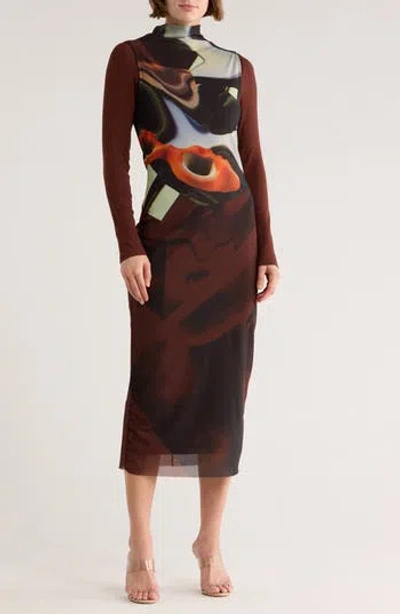 Desigual Abstract Long Sleeve Dress In Brown