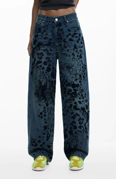 Desigual Abstract Print Barrel Leg Jeans In Blue