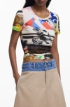 Desigual Abstract Print Cotton Blend T-shirt In White Multi