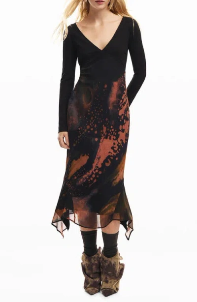 Desigual Abstract Print Long Sleeve Dress In Black