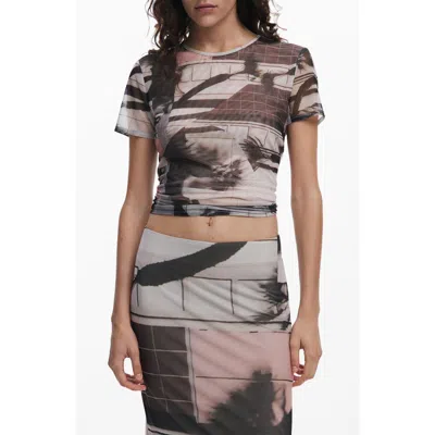 Desigual Abstract Print Mesh T-shirt In Black