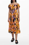 Desigual Abstract Print Off The Shoulder Tiered Midi Dress In Orange