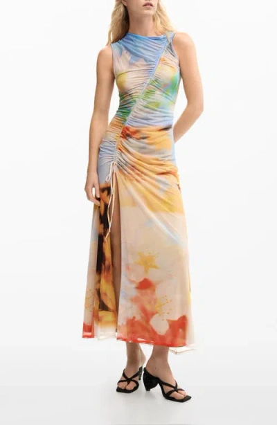 Desigual Abstract Print Ruched Midi Dress In Multi