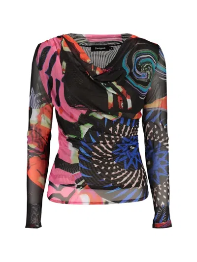 Desigual Abstract-print Ruched-detail Long Sleeve T-shirt In Black