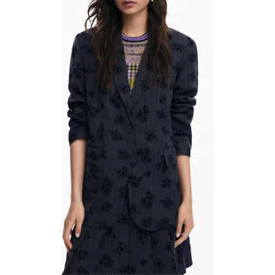Desigual Ame Floral Embroidery Pinstripe Jacket In Black