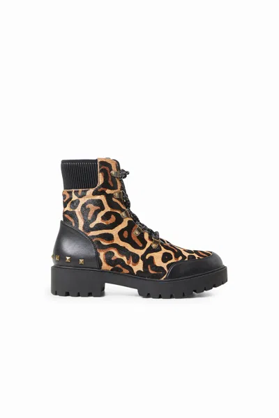 Desigual Animal Print Leather Boots In Brown