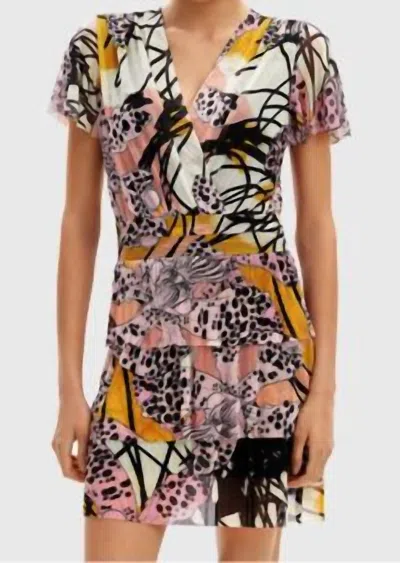 Desigual Animal Print Multi Sheer Mini Dress In Black/pink/white/yellow