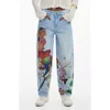 Desigual Artist Print Boyfriend Barrel Jeans In Medium Blue