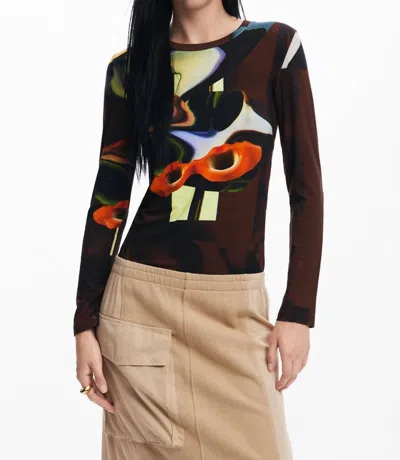 DESIGUAL ARTSY ABSTRACT PRINT LONG SLEEVE TOP IN BROWN MULTI