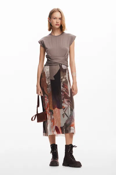 Desigual Arty Combined Midi Dress In Brown