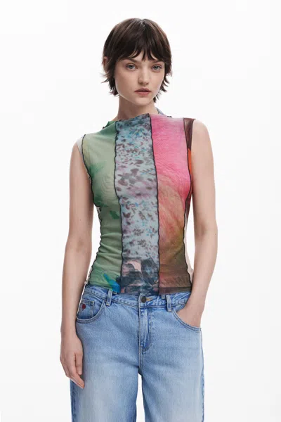 Desigual Arty Print T-shirt In Material Finishes
