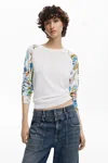 Desigual Floral Raglan Sleeve Crewneck Sweater In White
