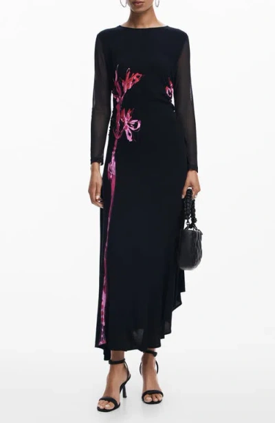 DESIGUAL DESIGUAL ASIMETRICO LONG SLEEVE FLORAL PRINT DRESS