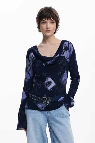 Desigual Asymmetric Collage Blouse In Blue