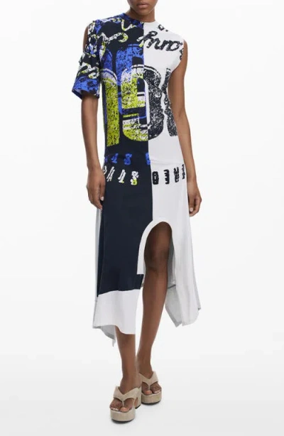 Desigual Asymmetric Cotton Jersey Midi Dress In Multi