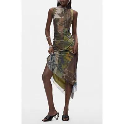 Desigual Asymmetric Hem Sleeveless Mesh Dress In Multi