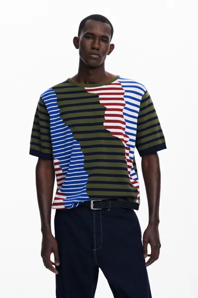 Desigual Asymmetric Striped T-shirt In Green
