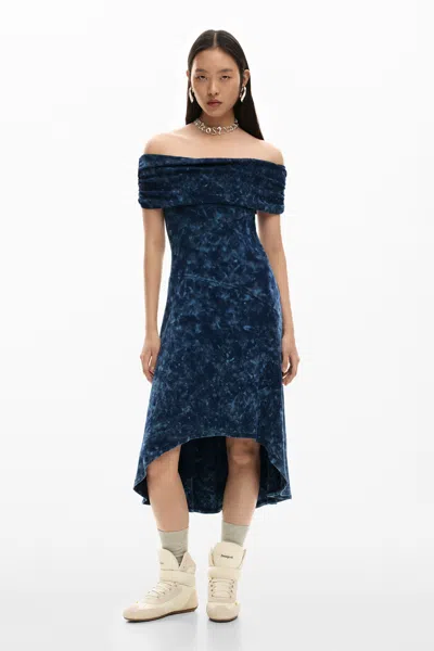 Desigual Off The Shoulder High-low Dress In Blue