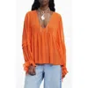 Desigual Balloon Sleeve Semisheer Top In Orange