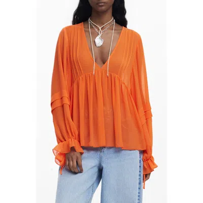 Desigual Balloon Sleeve Semisheer Top In Orange