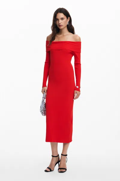 Desigual Off-shoulder Ribbed Midi Dress In Red