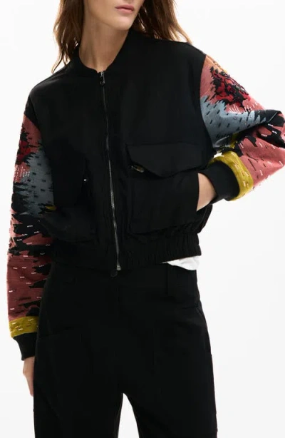 Desigual Bead Detail Mixed Media Bomber Jacket In Black
