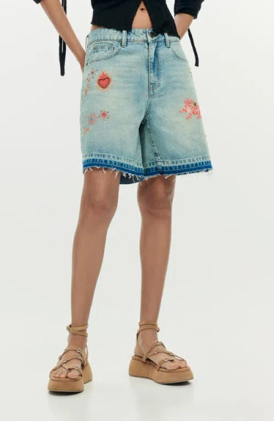 Desigual Beaded Appliqué Denim Shorts In Blue