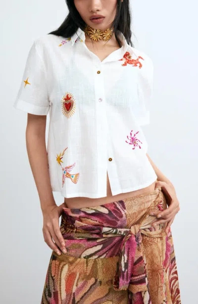 Desigual Beaded Appliqué Woven Shirt In White