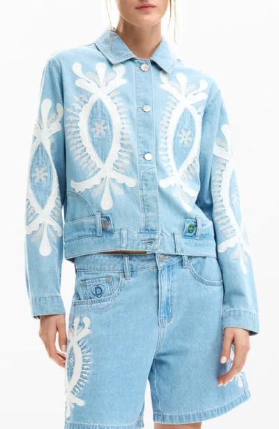 Desigual Beaded Lace Detail Denim Trucker Jacket In Blue