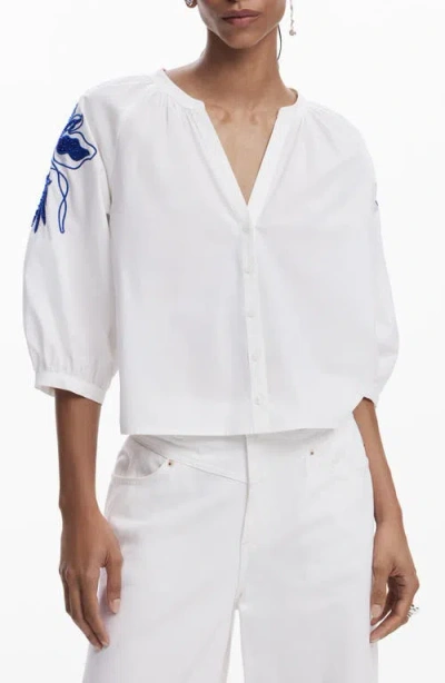 Desigual Beaded Puff Sleeve Crop Shirt In White