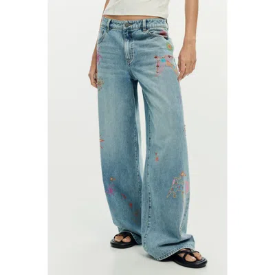 Desigual Beaded Wide Leg Jeans In Blue