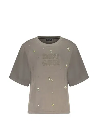 Desigual Bead-embellished Logo-patch T-shirt In Brown