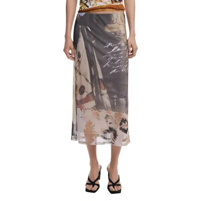 Desigual Beige Polyester Long Skirt In Multi