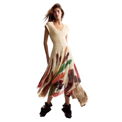 Desigual Beige Polyester Long Dress In Neutral