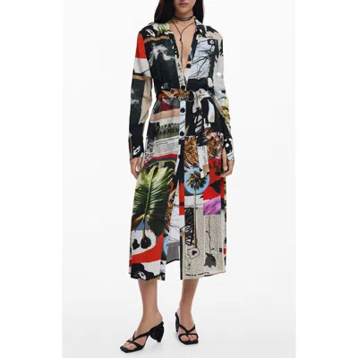 Desigual Belted Long Sleeve Crepe Maxi Shirtdress In White Multi