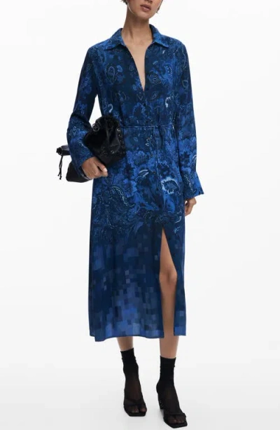 Desigual Belted Long Sleeve Midi Shirtdress In Blue