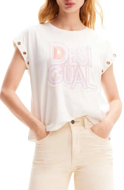 Desigual Berlin Embellished Cotton Graphic T-shirt In White