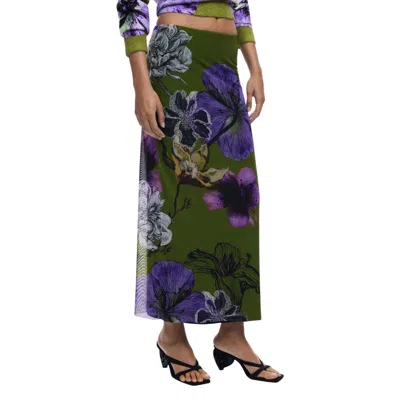Desigual Bicolor Polyester Long Skirt In Green