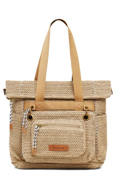 Desigual Big Expandable Straw Backpack In Brown